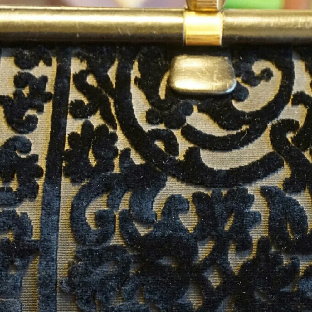 Black Patterned Velvet Clutch with Gold Frame